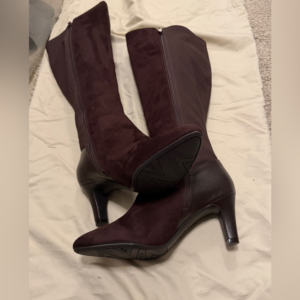 Chocolate brown, faux suede and nylon stretch knee-high boots. Life Stride Flex